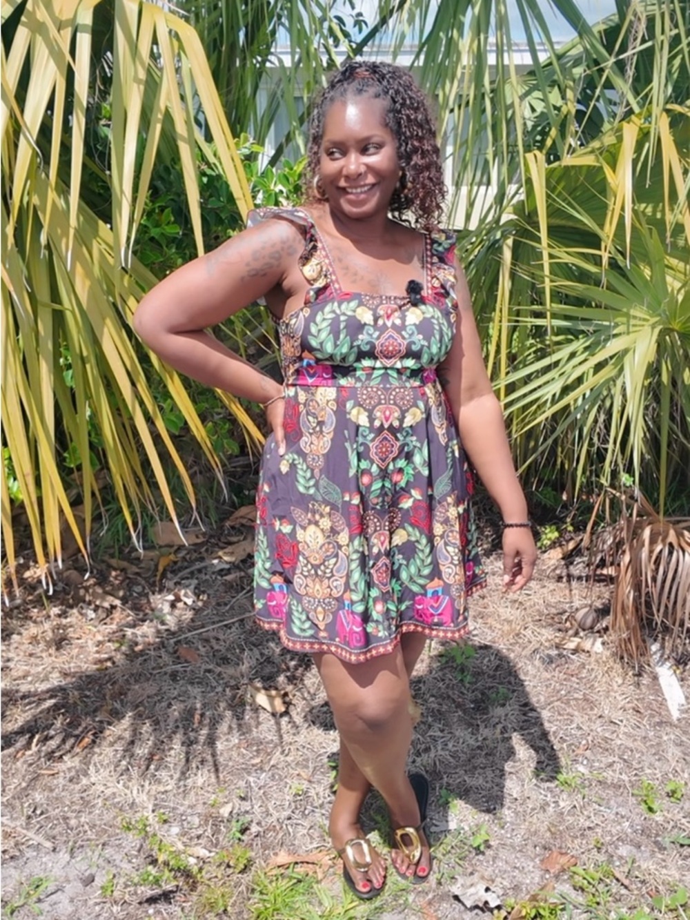 SHEIN Black Floral Mini Dress with Multicolor Print